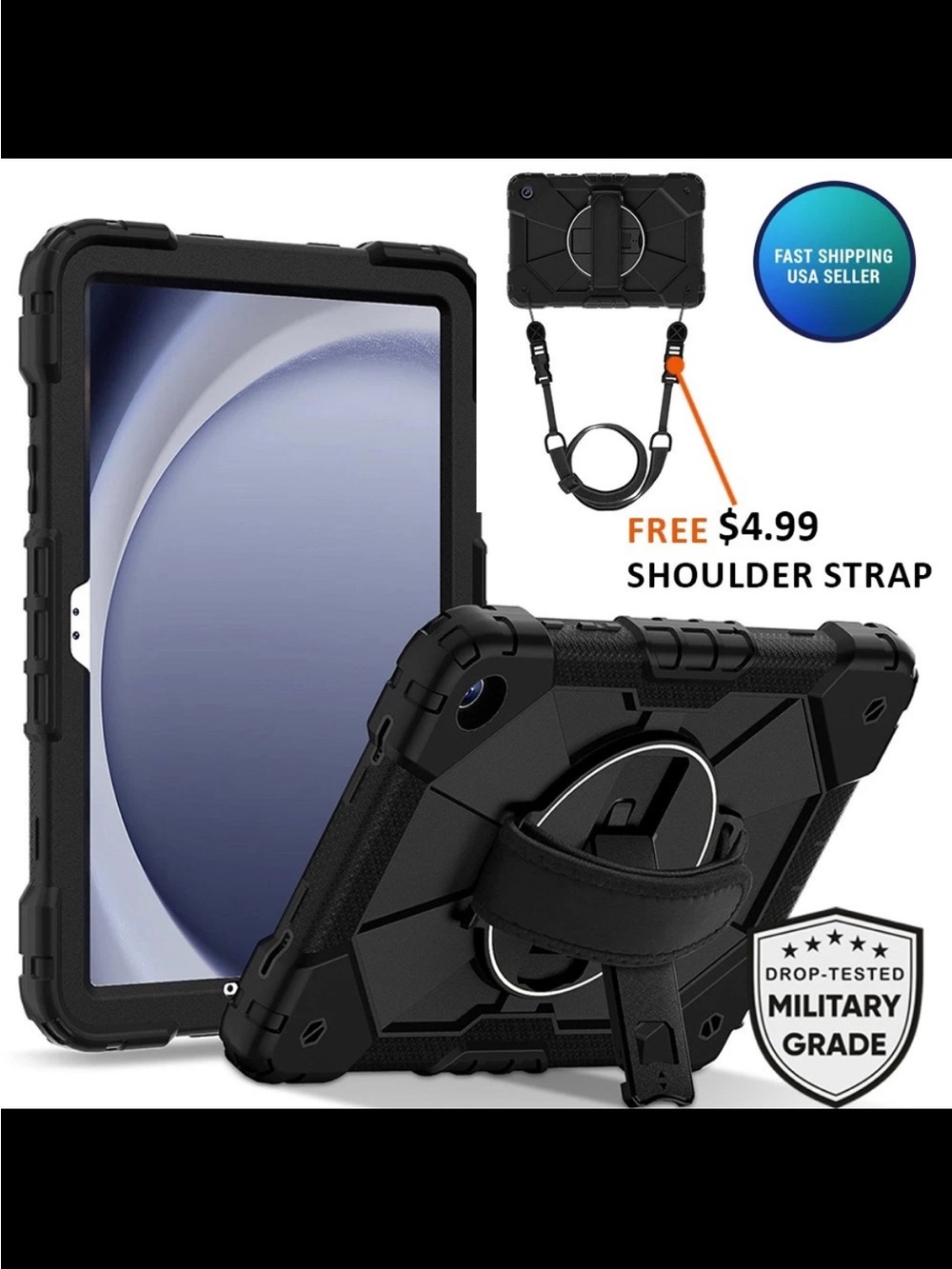 Samsung A11 Rugged Black Shockproof Tablet Case with Hand Strap & Kickstand